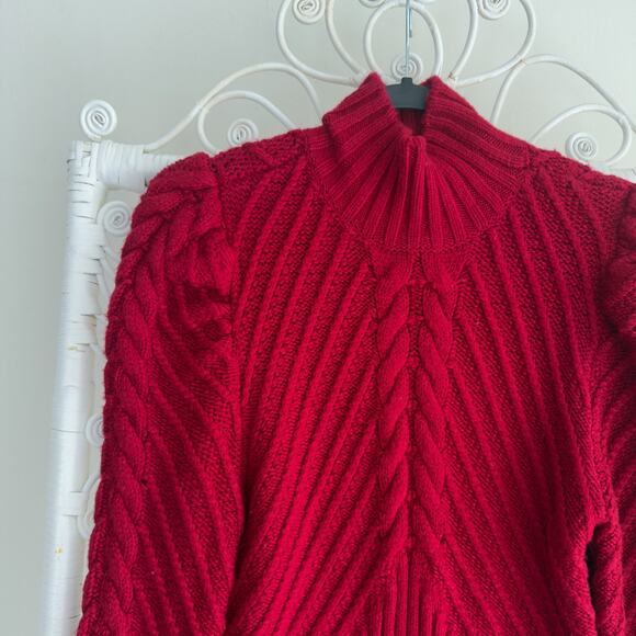 White House Black Market Sweater Medium Red Cable Knit Puff Sleeve Turtleneck - Picture 5 of 14